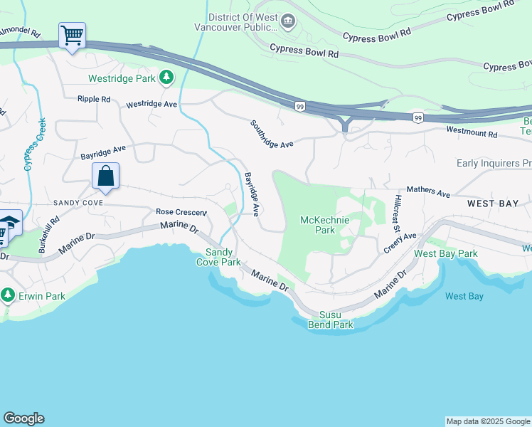 map of restaurants, bars, coffee shops, grocery stores, and more near 3845 Bayridge Avenue in West Vancouver