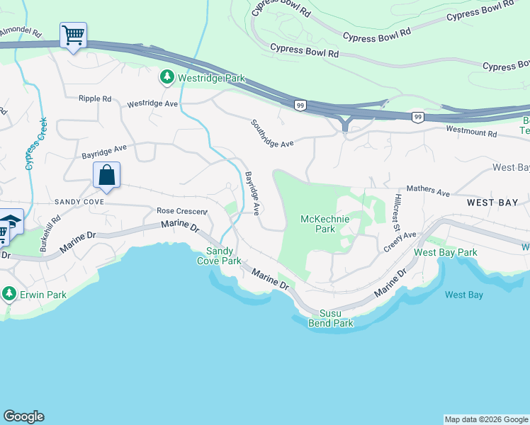 map of restaurants, bars, coffee shops, grocery stores, and more near 3845 Bayridge Avenue in West Vancouver