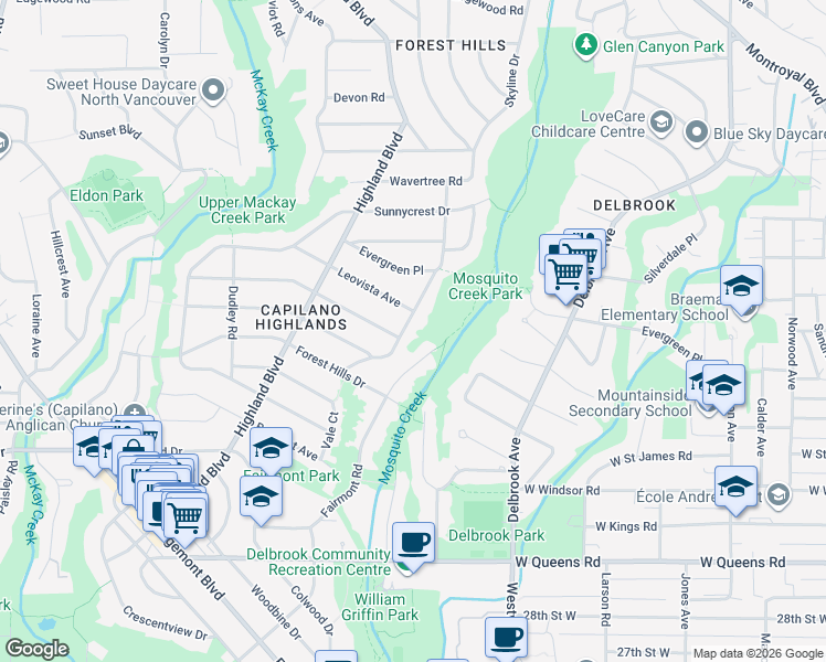 map of restaurants, bars, coffee shops, grocery stores, and more near 3656 Glenview Crescent in North Vancouver