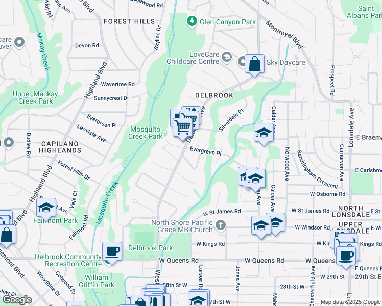 map of restaurants, bars, coffee shops, grocery stores, and more near 615 Evergreen Place in North Vancouver
