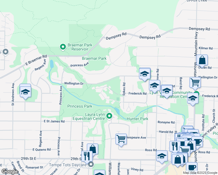 map of restaurants, bars, coffee shops, grocery stores, and more near 874 Frederick Road in North Vancouver