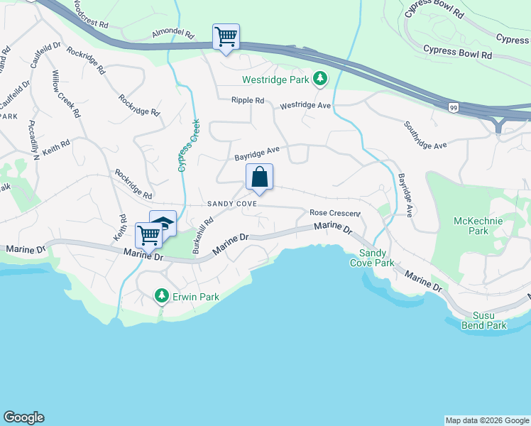map of restaurants, bars, coffee shops, grocery stores, and more near 4176 Rose Crescent in West Vancouver