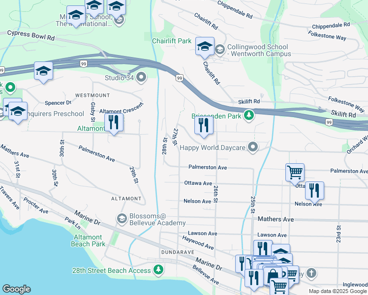 map of restaurants, bars, coffee shops, grocery stores, and more near 1910 27th Street in West Vancouver