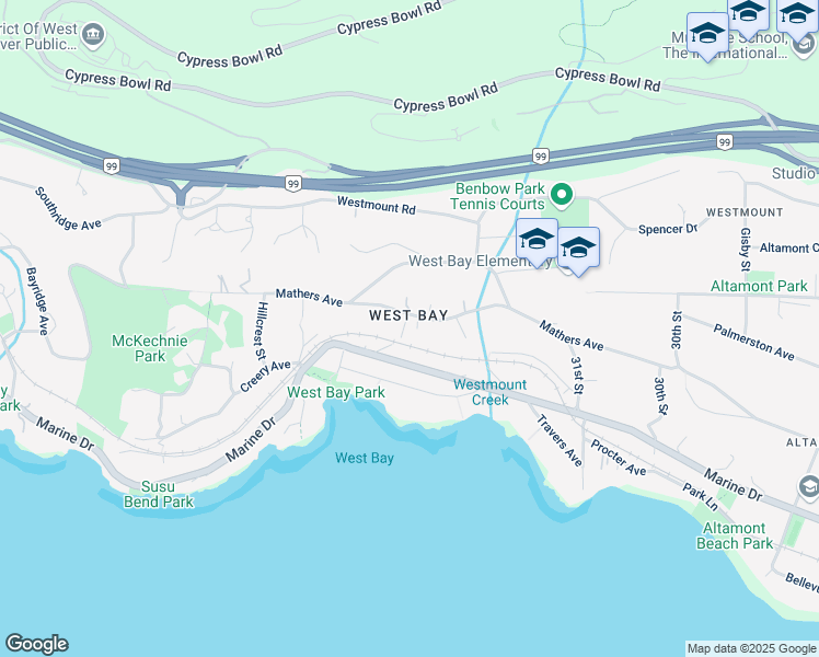 map of restaurants, bars, coffee shops, grocery stores, and more near 3332 Mathers Avenue in West Vancouver
