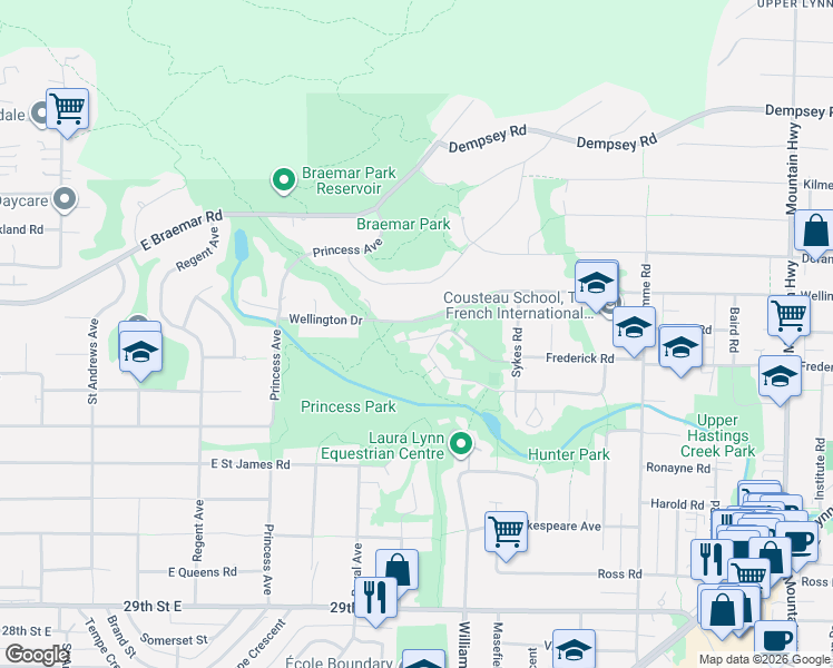 map of restaurants, bars, coffee shops, grocery stores, and more near 826 Frederick Road in North Vancouver