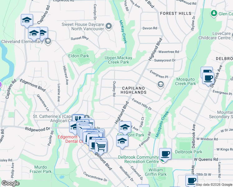 map of restaurants, bars, coffee shops, grocery stores, and more near 3630 Dudley Road in North Vancouver