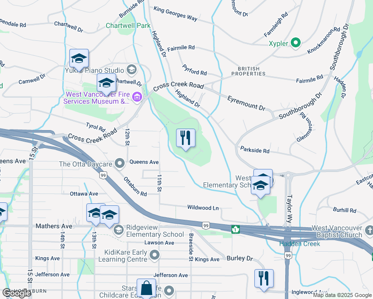 map of restaurants, bars, coffee shops, grocery stores, and more near 950 Cross Creek Road in West Vancouver