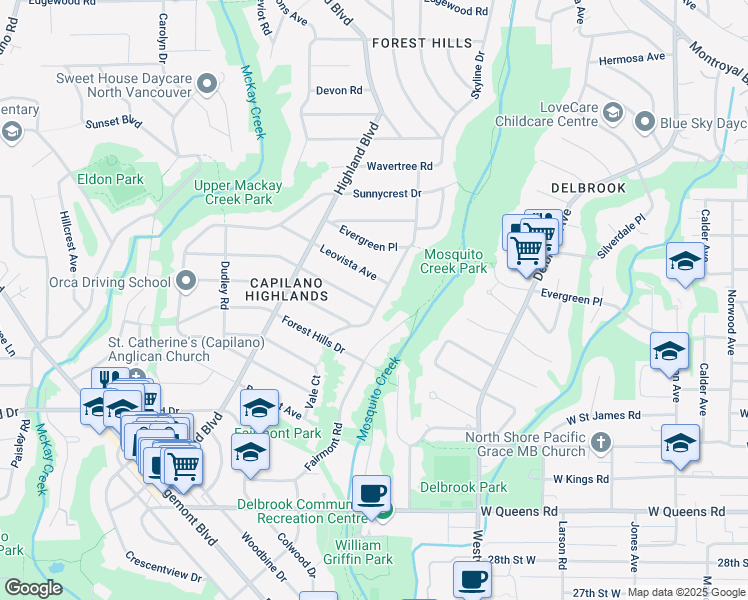 map of restaurants, bars, coffee shops, grocery stores, and more near 904 Beaumont Drive in North Vancouver
