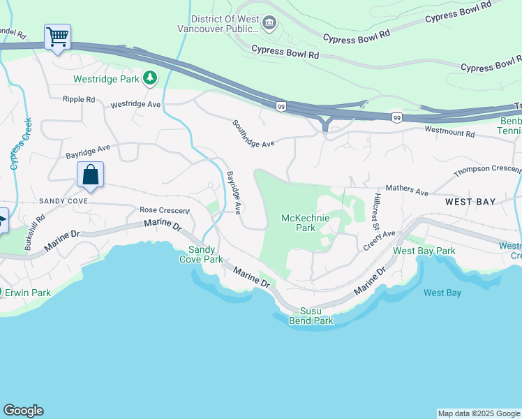 map of restaurants, bars, coffee shops, grocery stores, and more near 3823 Bayridge Avenue in West Vancouver