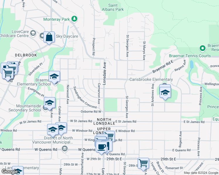 map of restaurants, bars, coffee shops, grocery stores, and more near 120 East Kensington Road in North Vancouver