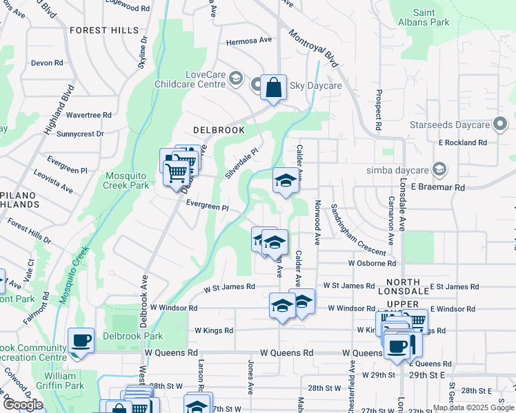 map of restaurants, bars, coffee shops, grocery stores, and more near 3583 Everglade Place in North Vancouver