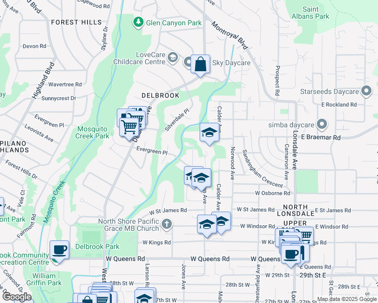 map of restaurants, bars, coffee shops, grocery stores, and more near 3583 Everglade Place in North Vancouver