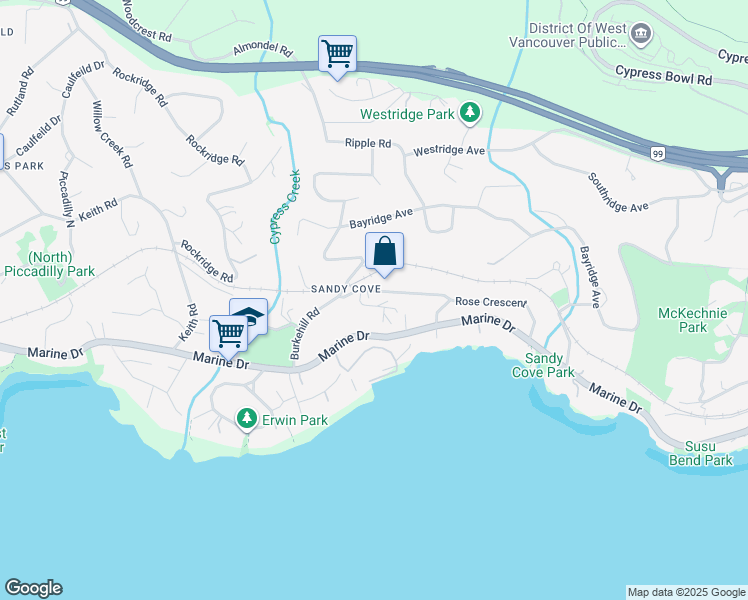 map of restaurants, bars, coffee shops, grocery stores, and more near 4166 Rose Crescent in West Vancouver