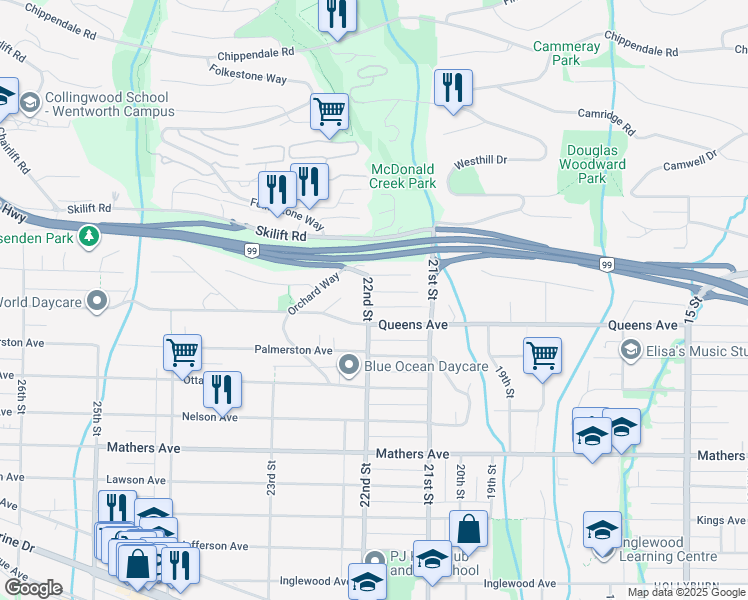 map of restaurants, bars, coffee shops, grocery stores, and more near 2198 Rosebery Avenue in West Vancouver