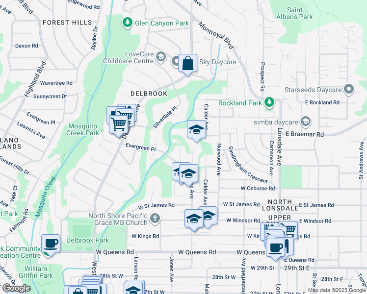 map of restaurants, bars, coffee shops, grocery stores, and more near 3586 Everglade Place in North Vancouver