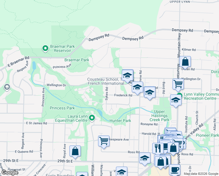 map of restaurants, bars, coffee shops, grocery stores, and more near 3642 Sykes Road in North Vancouver