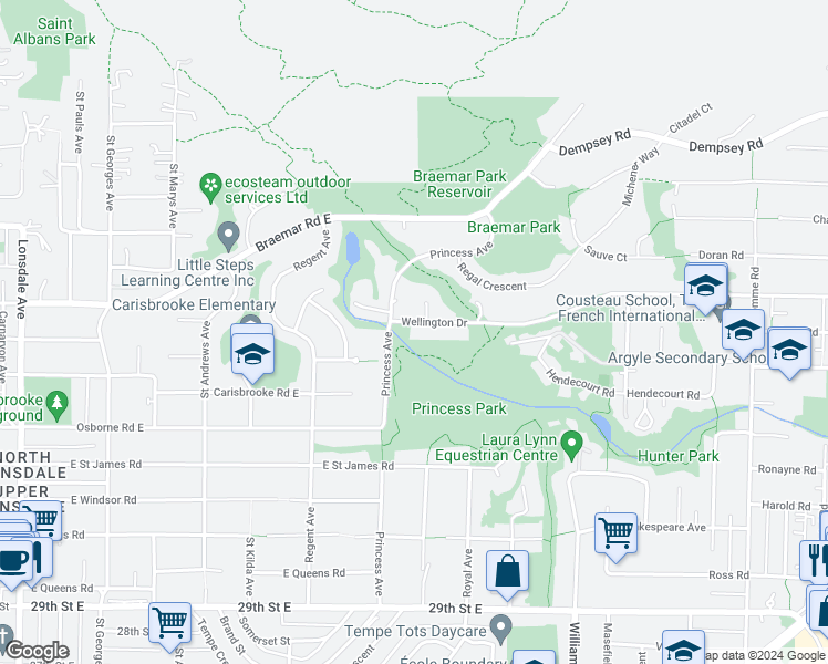 map of restaurants, bars, coffee shops, grocery stores, and more near 701 Wellington Drive in North Vancouver