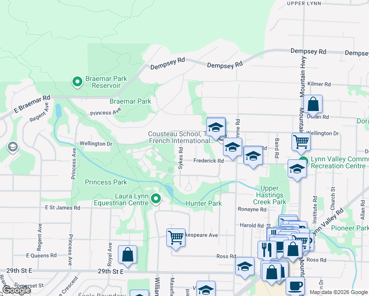 map of restaurants, bars, coffee shops, grocery stores, and more near in North Vancouver