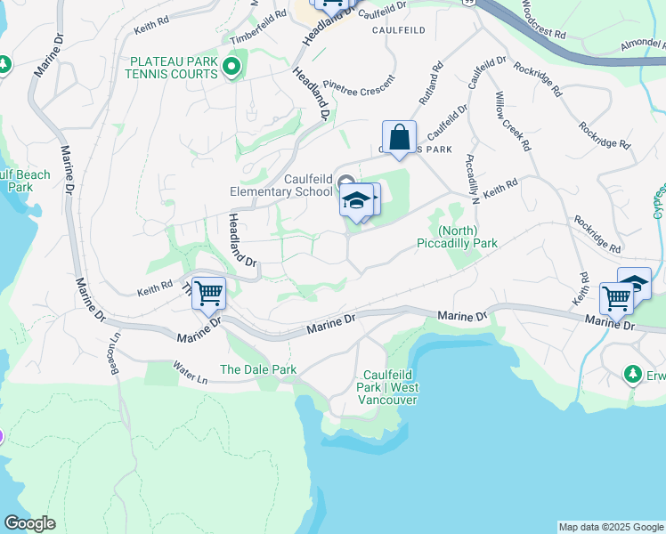 map of restaurants, bars, coffee shops, grocery stores, and more near 4528 Caulfeild Lane in West Vancouver