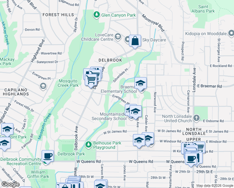 map of restaurants, bars, coffee shops, grocery stores, and more near 510 Evergreen Place in North Vancouver