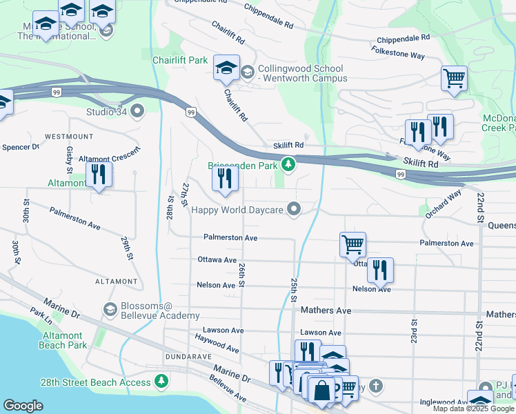 map of restaurants, bars, coffee shops, grocery stores, and more near 2575 Queens Avenue in Vancouver