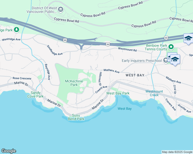 map of restaurants, bars, coffee shops, grocery stores, and more near 457 Hillcrest Street in West Vancouver