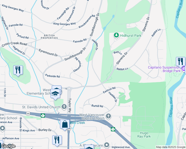 map of restaurants, bars, coffee shops, grocery stores, and more near 520 Hadden Drive in West Vancouver