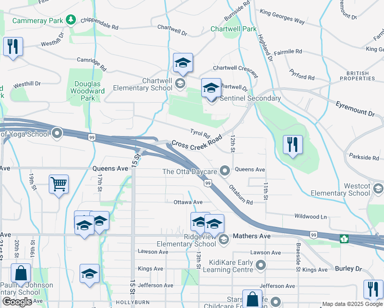 map of restaurants, bars, coffee shops, grocery stores, and more near 1360 Ottaburn Road in West Vancouver