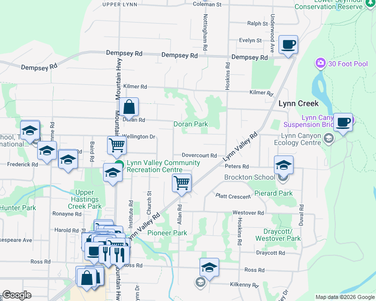 map of restaurants, bars, coffee shops, grocery stores, and more near 1510 Dovercourt Road in North Vancouver