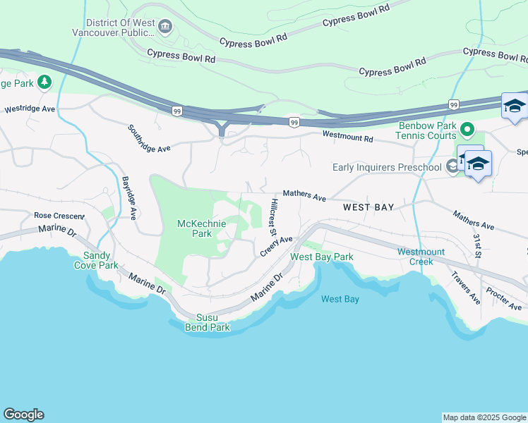 map of restaurants, bars, coffee shops, grocery stores, and more near 457 Hillcrest Street in West Vancouver