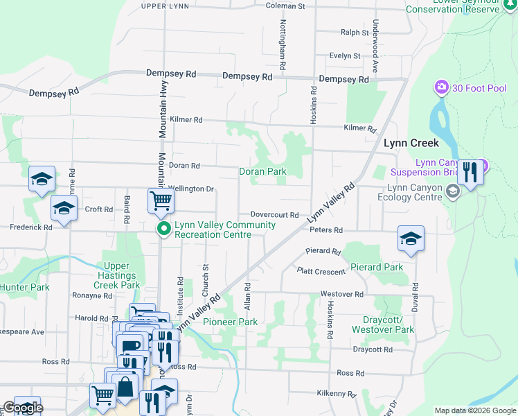 map of restaurants, bars, coffee shops, grocery stores, and more near 1510 Dovercourt Road in North Vancouver