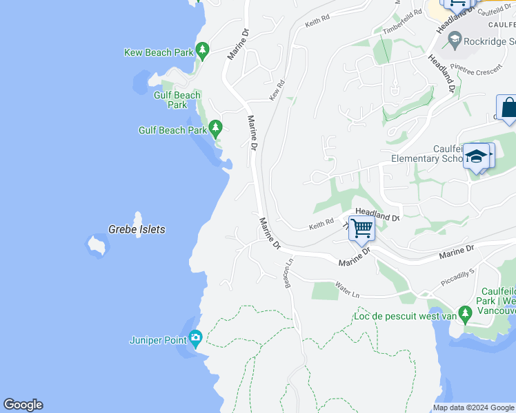 map of restaurants, bars, coffee shops, grocery stores, and more near 5122 Marine Drive in West Vancouver