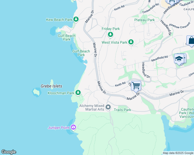 map of restaurants, bars, coffee shops, grocery stores, and more near 5122 Marine Drive in West Vancouver