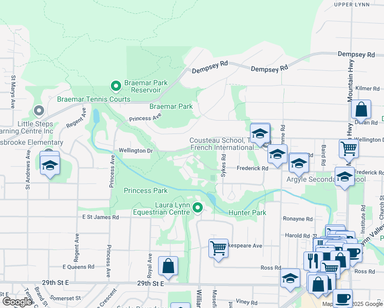 map of restaurants, bars, coffee shops, grocery stores, and more near 858 Frederick Road in North Vancouver