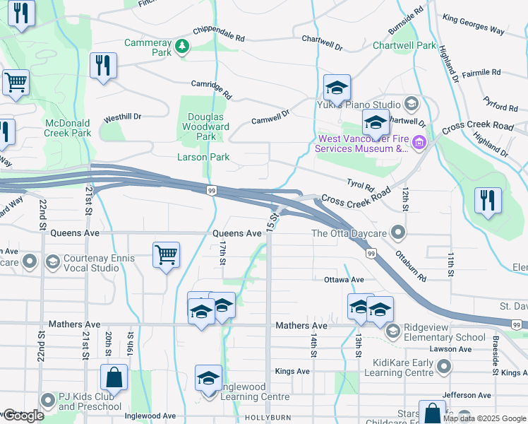 map of restaurants, bars, coffee shops, grocery stores, and more near 1511 Rena Crescent in West Vancouver