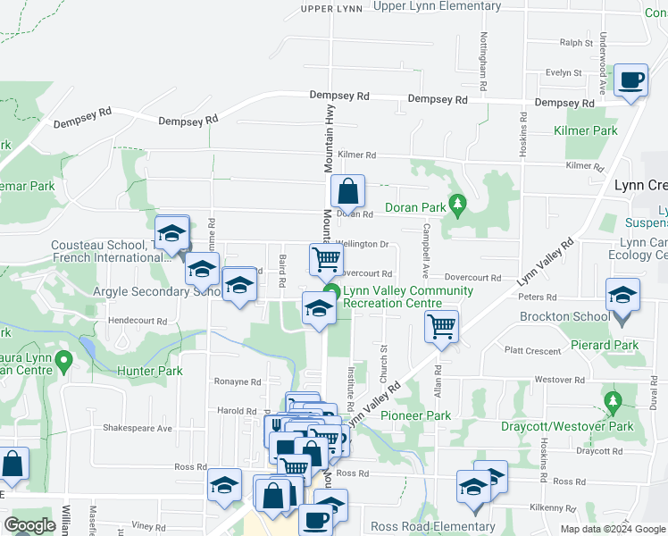 map of restaurants, bars, coffee shops, grocery stores, and more near 1308 Dovercourt Road in North Vancouver