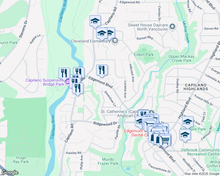 map of restaurants, bars, coffee shops, grocery stores, and more near 3669 Edgemont Boulevard in North Vancouver