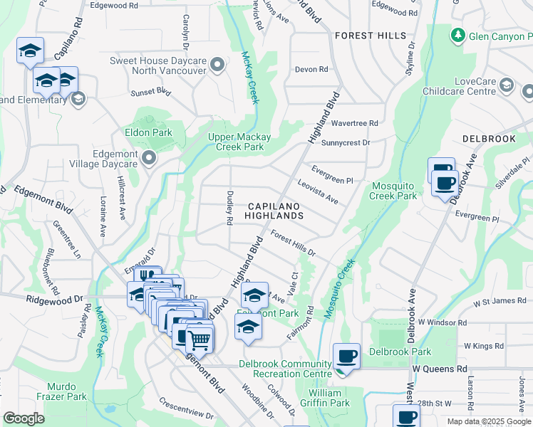 map of restaurants, bars, coffee shops, grocery stores, and more near 955 Melbourne Avenue in North Vancouver