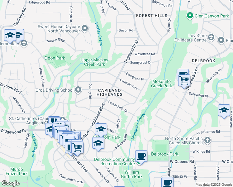 map of restaurants, bars, coffee shops, grocery stores, and more near 942 Melbourne Avenue in North Vancouver