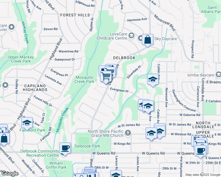 map of restaurants, bars, coffee shops, grocery stores, and more near 402 Evergreen Place in North Vancouver