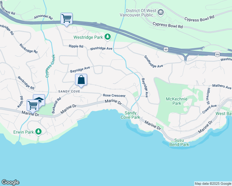 map of restaurants, bars, coffee shops, grocery stores, and more near 4043 Rose Crescent in West Vancouver