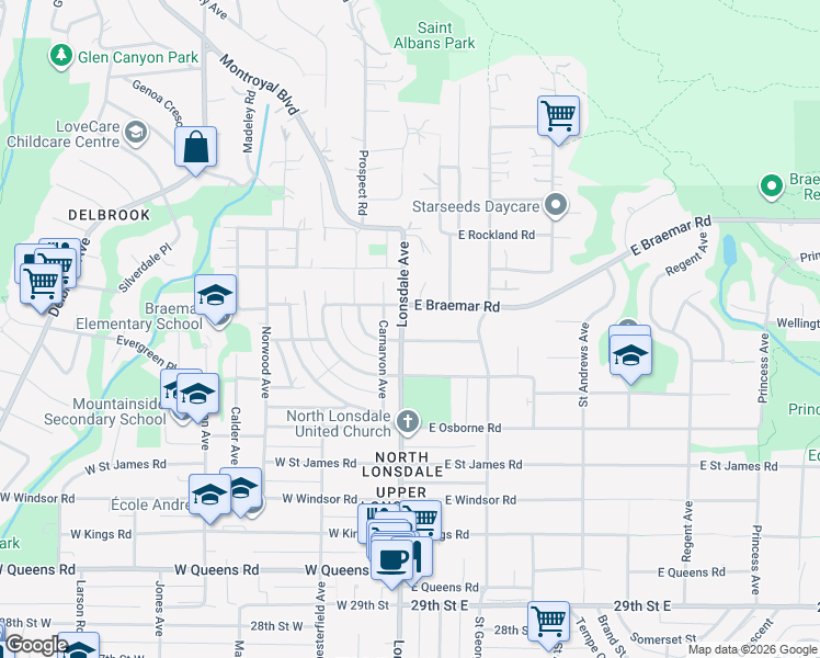 map of restaurants, bars, coffee shops, grocery stores, and more near in North Vancouver