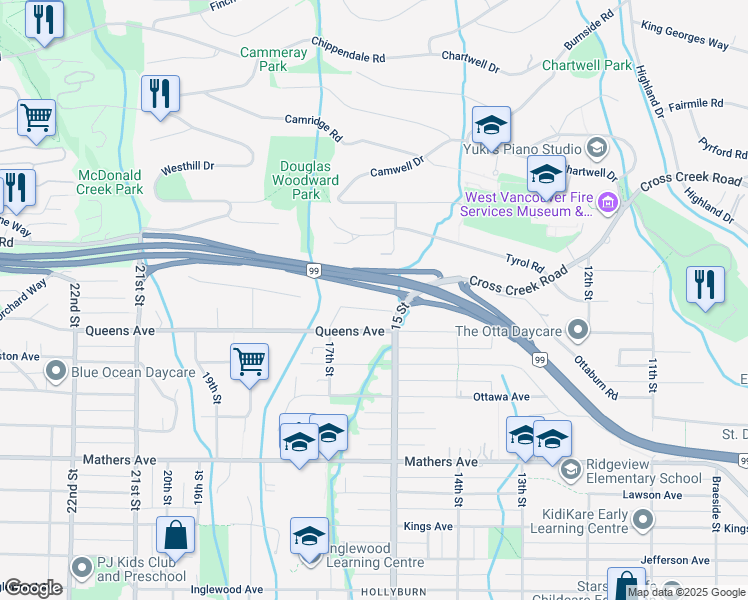 map of restaurants, bars, coffee shops, grocery stores, and more near 1535 Rena Crescent in West Vancouver
