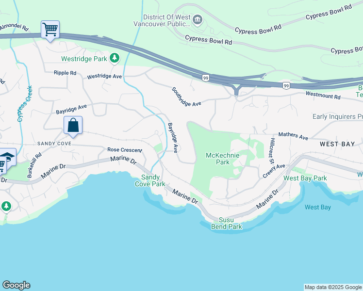 map of restaurants, bars, coffee shops, grocery stores, and more near 3849 Bayridge Avenue in West Vancouver