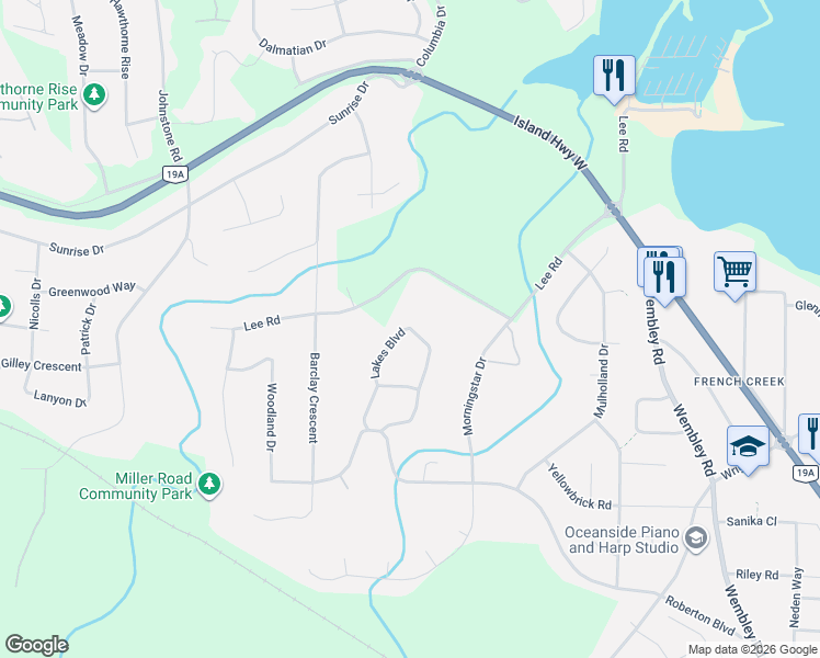 map of restaurants, bars, coffee shops, grocery stores, and more near 875 Lakes Boulevard in Nanaimo G