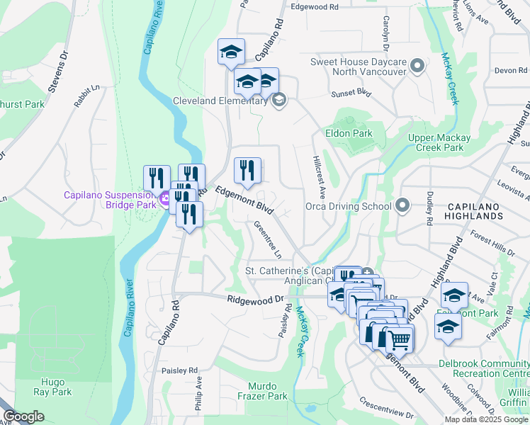 map of restaurants, bars, coffee shops, grocery stores, and more near 3669 Edgemont Boulevard in North Vancouver