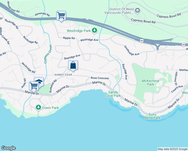 map of restaurants, bars, coffee shops, grocery stores, and more near 4075 Rose Crescent in West Vancouver