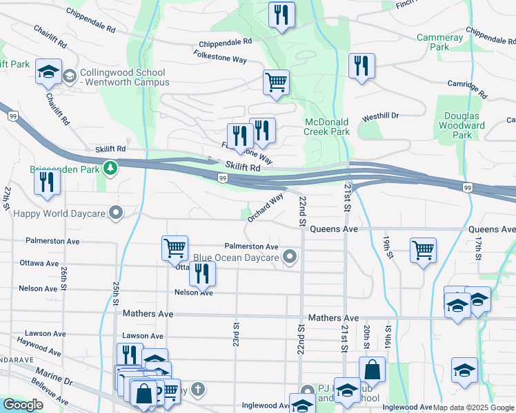 map of restaurants, bars, coffee shops, grocery stores, and more near 2278 Orchard Lane in West Vancouver