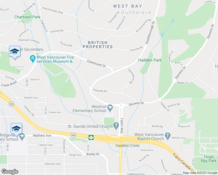 map of restaurants, bars, coffee shops, grocery stores, and more near 715 Parkside Road in West Vancouver