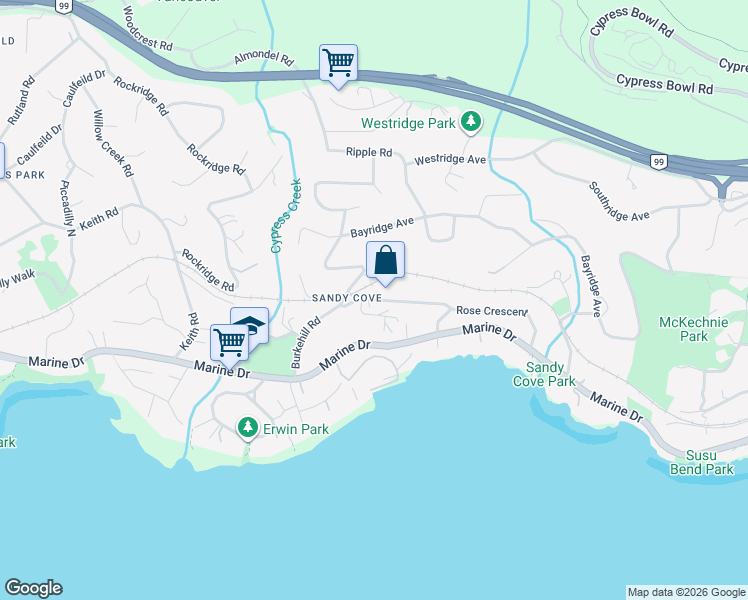 map of restaurants, bars, coffee shops, grocery stores, and more near Douglas Crescent in Vancouver